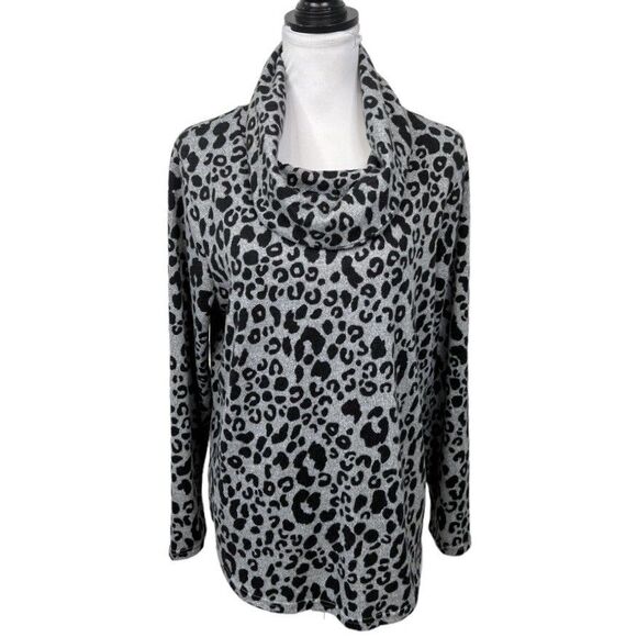 TCW Cowl Neck Sweater Size L Animal Leopard Print Black & Gray Pullover Soft Top - Picture 1 of 10
